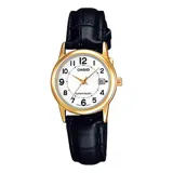 Reloj analógico Casio con caja redonda en tono dorado, esfera blanca con números arábigos, ventana de fecha y correa de cuero negro con textura.