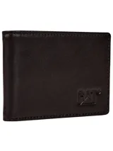 Billetera plegable de cuero color negro con diseño minimalista y logo de la marca grabado en relieve en la esquina inferior derecha.