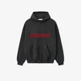 Hoodie de corte oversize en color gris oscuro, con capucha y bolsillo frontal tipo canguro. Presenta un estampado gráfico en color rojo en el pecho con la inscripción Fear of God Essentials.