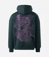 Buzo con capucha de color verde oscuro, confeccionado en tejido con felpa. Presenta un diseño estampado en la espalda con motivos de dragón y flores en color fucsia.