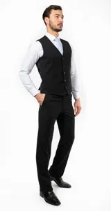 Chaleco negro de vestir con cuello en V y cierre abotonado.