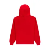 Hoodie rojo con capucha y bolsillo canguro. Estampado frontal con telaraña amarilla y texto "Sp5der" en negro.