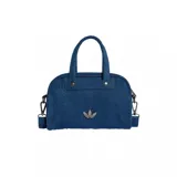 Mini bolso tipo bowling Adidas, confeccionado en tejido denim azul. Presenta doble asa superior, correa ajustable y extraíble, y el logo del trébol metálico en el frente.
