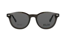 Anteojos de receta marca Klik, modelo 105AU, con armazón de acetato en color caramelo translúcido y patillas con detalles en azul.