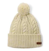 Gorro de punto de Columbia color beige con sutiles tonos amarillo claro, diseño trenzado, dobladillo vuelto y pompón superior a juego. Cuenta con una pequeña etiqueta de cuero sintético con el logo de la marca en el lateral.
