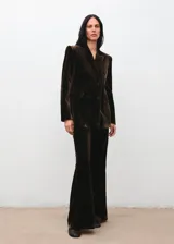 Blazer de terciopelo color marrón oscuro, con cuello de solapa, cierre frontal de doble botonadura y bolsillos con solapa. Presenta un diseño recto y forro interior.