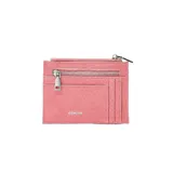 Tarjetero de cuero sintético color rosado con textura, múltiples ranuras para tarjetas y compartimento con cierre superior y frontal.