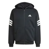 Campera deportiva Adidas con capucha y cierre frontal completo. Presenta un diseño en color negro con las icónicas tres franjas blancas en las mangas y el logo de la marca en el pecho. Incluye bolsillos laterales y puños acanalados.