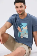Remera gris de manga corta con cuello redondo y estampa frontal de paisaje costero con tablas de surf y la leyenda "Having Fun".