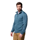 Campera de forro polar Columbia para hombre, con cierre frontal completo, cuello alto y bolsillo vertical en el pecho con cierre. Confeccionada en tejido hidroabsorbente con textura de rejilla.