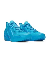 Championes de básquetbol Under Armour Curry 13, color azul vibrante. Presentan un diseño técnico con parte superior textil y ventanas moldeadas para mayor transpirabilidad, entresuela con tecnología de amortiguación para retorno de energía y suela exterior UA Flow para tracción superior en la cancha.
