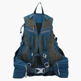 Mochila técnica Merrell modelo Grayling, diseñada para actividades al aire libre. Presenta un diseño ergonómico en color azul, con múltiples compartimentos con cierre, correas de ajuste laterales, cordones elásticos frontales para sujeción de equipo y logo de la marca estampado en la parte superior.