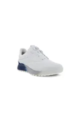 Championes de golf para hombre modelo ECCO M S-Three en color blanco con detalles en azul. Fabricados en cuero premium con tecnología GORE-TEX para impermeabilidad, presentan un sistema de ajuste BOA con dial en la lengüeta y suela híbrida E-DTS® para mayor tracción.