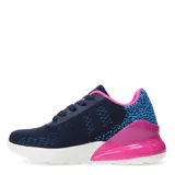 Championes deportivos Push modelo Mati, de color azul marino con detalles en fucsia y suela blanca. Presentan un diseño de tejido de malla transpirable, cierre con cordones y refuerzo en el talón.