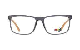 Armazón para lentes recetados de acetato color gris con patillas de madera color naranja. Diseño rectangular con logo de la marca en el lente derecho.