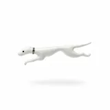 Broche con forma de galgo en movimiento, realizado en metal esmaltado color blanco con detalle de collar con piedras negras.