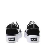 Championes Pony de plataforma con diseño clásico de caña baja. Presentan capellada de gamuza y lona en color negro con el icónico logo lateral en blanco. Cuentan con cordones blancos y suela de plataforma de goma blanca con textura en la puntera.