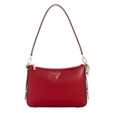 Cartera Guess Daryna II tipo baguette, color rojo, con correa de hombro y logo triangular dorado en el frente. Incluye llavero con dijes colgantes.