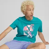 Remera turquesa de corte clásico con estampado del logo de Puma en el frente, con detalles en rosa y blanco.