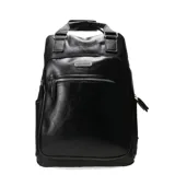 Mochila negra de cuerina con compartimento para notebook y múltiples bolsillos interiores y exteriores.