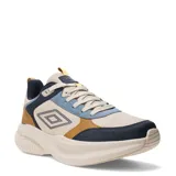 Championes urbanos Umbro modelo Fade, con diseño multicolor que combina paneles en beige, azul marino, celeste y detalles en color mostaza. Presentan suela gruesa de plataforma y el logo de la marca en el lateral.