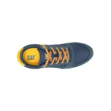 Championes Caterpillar modelo Ventura, color azul marino con detalles en amarillo y cordones naranjas. Confeccionados en cuero y tela.