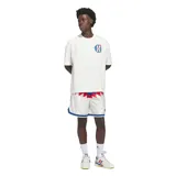 Remera de algodón color blanco con cuello redondo y corte holgado. Presenta un pequeño logo estampado en el pecho y un diseño gráfico grande en la espalda con el logo de Adidas y la inscripción Adidas World Class Basketball Exhibition.