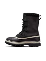 Bota Sorel modelo Caribou para hombre, diseñada para climas fríos y nieve. Presenta capellada de nobuk impermeable en color negro, parte inferior de goma vulcanizada en tono negro y blanco, cordones frontales con anillas metálicas, y cuello con forro de pelo sintético.