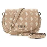 Cartera tipo bandolera Guess modelo Emelie, color marrón con estampado de monograma y logo de la marca en el frente. Presenta solapa con cierre metálico, detalles de cadena en los laterales y correa ajustable extraíble.