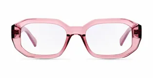 Lentes blueblocker Kessie con armazón geométrico de policarbonato en color rosado translúcido y cristales transparentes con protección contra luz azul y UV400.