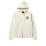 Campera con capucha Vans color crema, con cierre frontal completo, bolsillo tipo canguro y logo "Off The Wall" estampado en el pecho.