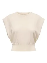 Top de punto acanalado color beige, sin mangas, con cuello redondo y diseño de corte regular.