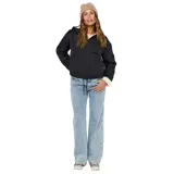 Campera bomber Rip Curl color negro, con cierre frontal, capucha y puños con forro de corderito sintético color crema. Presenta un diseño con cordón ajustable en la cintura.