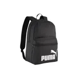Mochila Puma Phase III de color negro, con compartimento principal de doble cremallera, bolsillo frontal con cierre y bolsillo lateral de malla. Presenta el logo grande de Puma en blanco en la parte frontal.