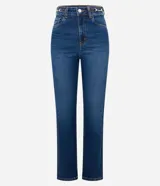 Pantalón de jean azul de corte recto, tiro alto y trabillas laterales en la cintura.