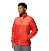 Campera acolchada Columbia modelo Powder Lite II, color rojo con diseño degradado. Cuenta con tecnología Omni-Heat para retención de calor, aislamiento sintético Thermarator, tejido resistente al agua Omni-Shield, cierre frontal completo, cuello alto con protector de barbilla, puños elásticos y bolsillos laterales con cierre.