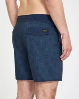 Short de baño Volcom modelo Abg Psyche Cotton Stoney 17 pulgadas, color azul marino con diseño estampado geométrico sutil y cordón ajustable en la cintura.