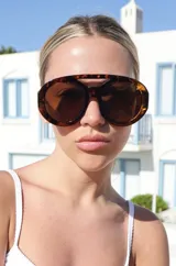 Lentes de sol con montura gruesa de carey y lentes marrones.