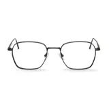 Lentes de marco metálico negro con forma geométrica redondeada y puente nasal ajustable.