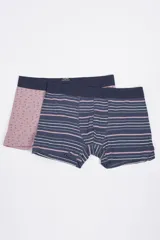 Pack de dos calzoncillos tipo bóxer con cintura elástica con logo. Uno de los modelos es gris claro con estampado de patinetas y el otro es negro con rayas horizontales blancas y grises.