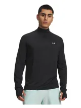 Buzo deportivo Under Armour Velociti 1/4 Zip de color negro, con cuello alto, cierre parcial de cremallera, mangas largas con aberturas para los pulgares y el logo de la marca estampado en el pecho.