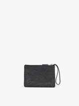 Monedero compacto Diesel Play Play Pouch II, color gris con textura metalizada, cierre superior de cremallera, correa de muñeca y detalle del logo metálico en el frente.