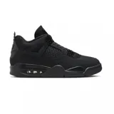Championes Air Jordan 4 Retro de color negro, con diseño clásico de caña media, paneles de malla en los laterales y la lengüeta, y amortiguación Air visible en el talón.