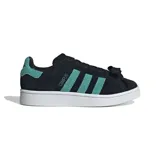 Championes Adidas Campus 00s de cuero negro con las tres tiras y el talón en verde agua. Suela blanca y cordones negros.