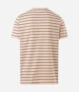 Remera de corte regular con cuello redondo y mangas cortas, confeccionada en mezcla de poliéster y algodón. Presenta un diseño de rayas horizontales finas con hilo teñido.