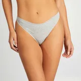 Braga brasileña gris de algodón con ribete de encaje blanco.