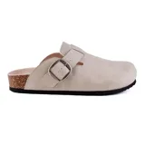 Zueco casual color beige con hebilla metálica ajustable y plantilla de corcho.