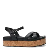 Sandalias de cuero color marrón caramelo con plataforma de corcho, tiras cruzadas en el empeine y cierre con hebilla metálica en el tobillo.