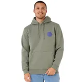 Canguro con capucha de color verde oliva, confeccionado en tejido de algodón con interior suave. Presenta un bolsillo frontal tipo canguro, puños y ruedo acanalados, y un estampado circular pequeño en el pecho con el logo de la marca en color azul.