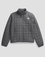 Campera gris acolchada con cierre frontal, cuello alto con interior de piel sintética y logo de la marca bordado en el pecho.